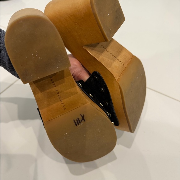 Veronica Beard Black Suede Platform Mules with Gold Accents - Picture 4 of 5